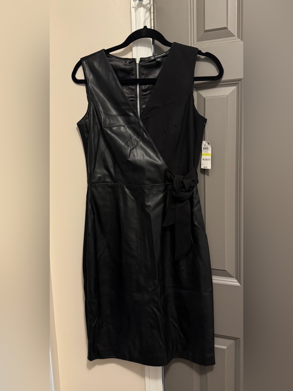 INC International Concepts Black Faux Leather & Knit One-Shoulder Wrap Dress
